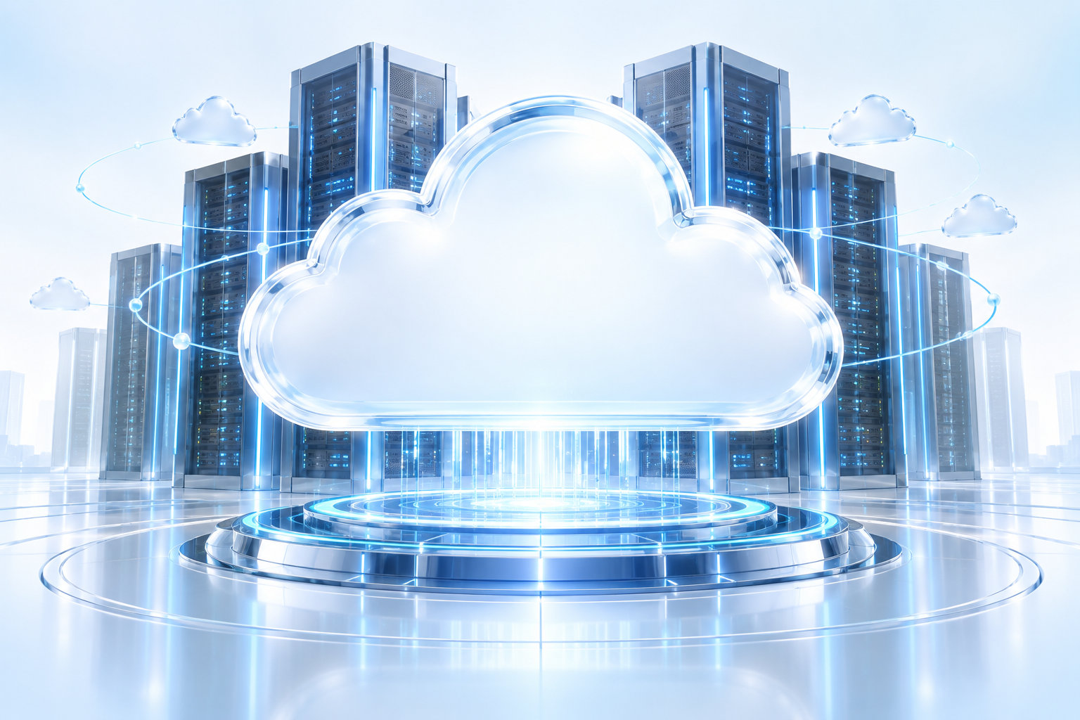 Cloud infrastructure connected to servers and data storage